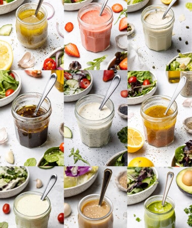 Collage of 9 homemade salad dressings