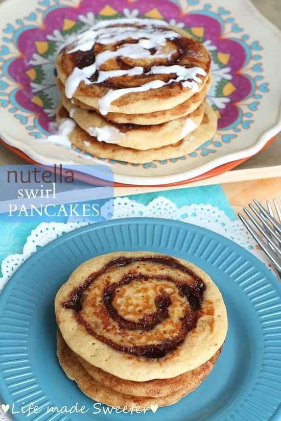 Collage of Nutella pancakes on top of blue and pink plates