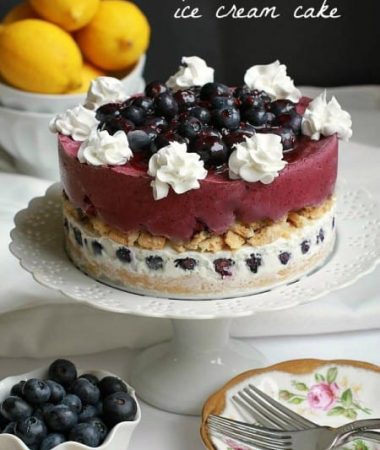 Blueberry Lemon Ice Cream Cake on a cake stand