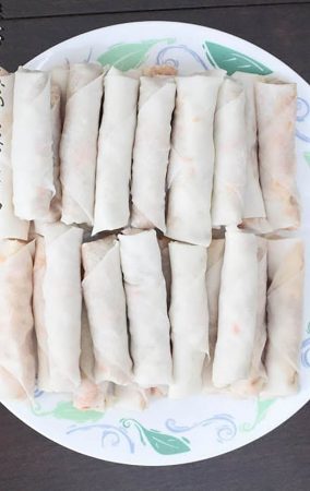 Two rows of Chinese Spring Rolls on a plate