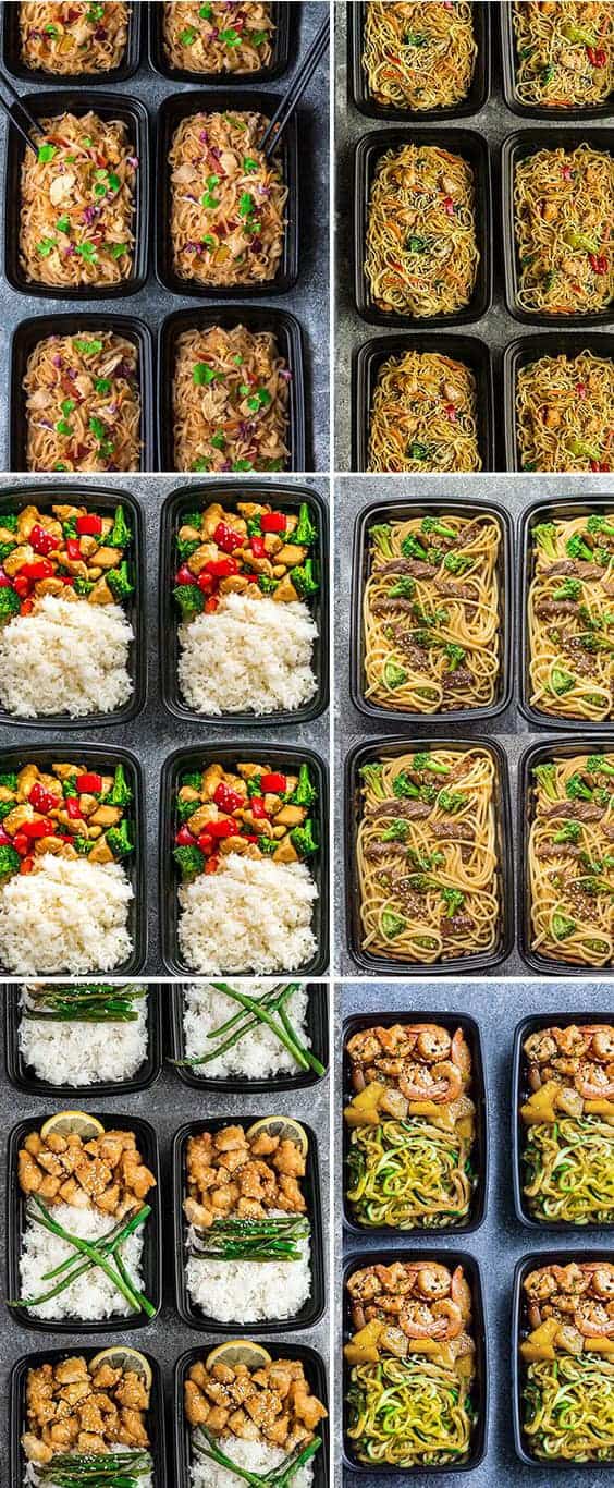 More than 25 of the most popular Asian Takeout favorites made Healthier and into Meal Prep Recipes. Including Chicken Chow Mein, Fried Rice, Chicken and Beef Lo Mein, Cashew Chicken Chicken Pad Thai, Shrimp Teriyaki Zoodles, Beef Teriyaki Zoodles, Honey Lemon Chicken, Kung Pao Chicken, General Tso's Chicken + more. Perfect for Sunday meal prep for school or work lunchboxes or lunch bowls