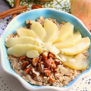 Overhead view of a serving of Gingerbread Apple Oatmeal in a bowl