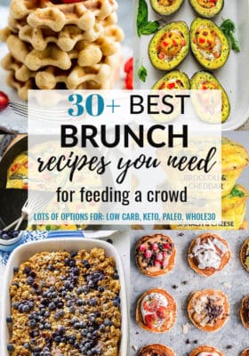 Collage of the best brunch recipes with pancakes, waffles, french toast bake, and eggs.