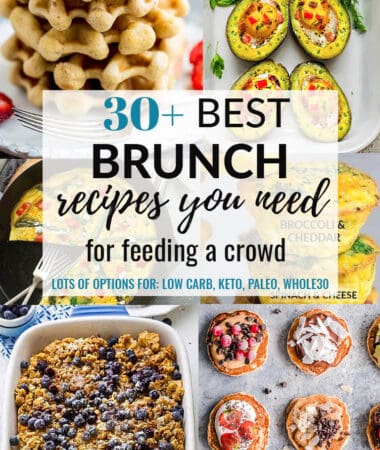 Collage of the best brunch recipes with pancakes, waffles, french toast bake, and eggs.
