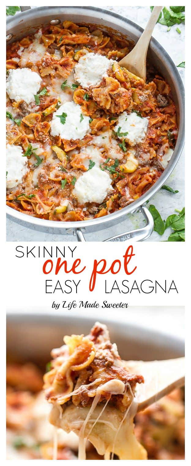 30-Minutes for this Easy Skinny Skillet Lasagna made entirely in one pot makes it perfect for busy weeknights!