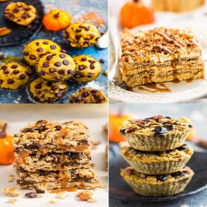 4 of the BEST Easy Pumpkin Recipes for Fall - Pumpkin Icebox Cake, Pumpkin Oatmeal Carmelitas, Pumpkin Baked Oatmeal and Pumpkin Chocolate Chip Muffins.