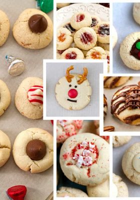 Collage of several varieties of Shortbread Thumbprint Cookies including reindeer, snowman, peppermint, Hershey's Kisses and Raspberry Jam Thumbprints.