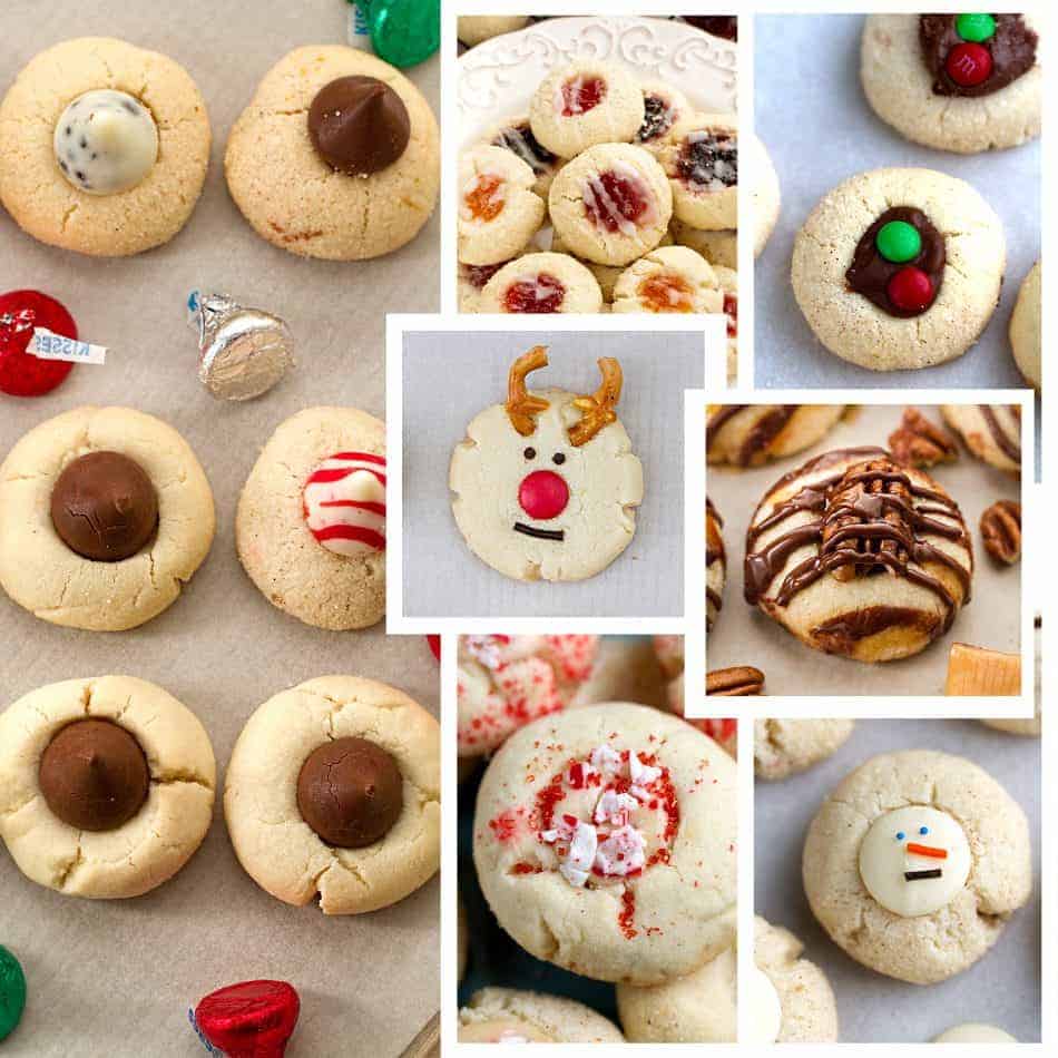 Collage of several varieties of Shortbread Thumbprint Cookies including reindeer, snowman, peppermint, Hershey's Kisses and Raspberry Jam Thumbprints.