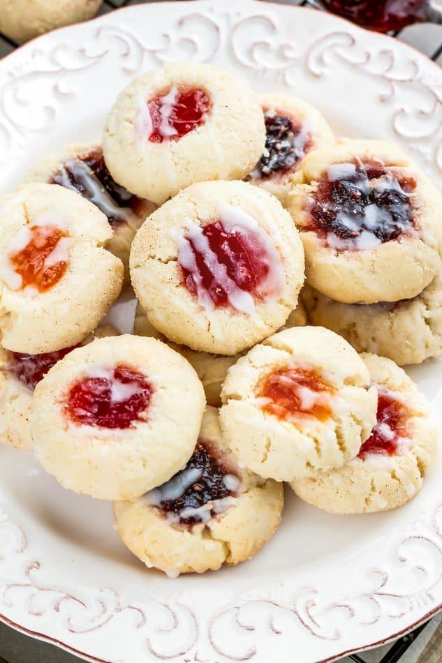 Jelly-filled Shortbread Thumbprint Cookies on a plate