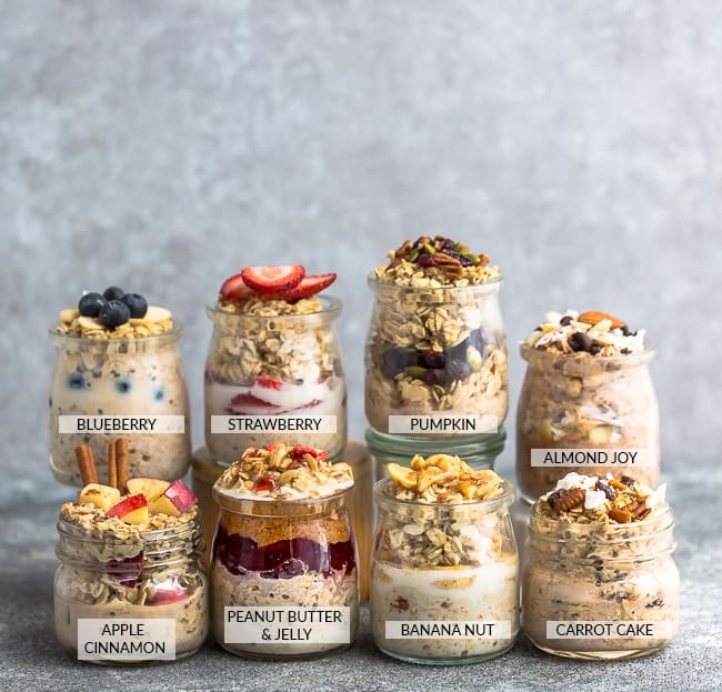 Labeled jars of 8 varieties of Overnight Oats 