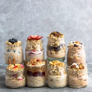 Overnight Oats - 8 Ways - simple no-cook make-ahead oatmeal just perfect for busy mornings. Best of all, easy to customize with your favorite flavors. Almond Joy, Apple Cinnamon, Banana Nut, Blueberry, Carrot Cake, Peanut Butter & Jelly, Pumpkin Cranberry and Strawberry.