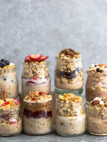 Overnight Oats - 8 Ways - simple no-cook make-ahead oatmeal just perfect for busy mornings. Best of all, easy to customize with your favorite flavors. Almond Joy, Apple Cinnamon, Banana Nut, Blueberry, Carrot Cake, Peanut Butter & Jelly, Pumpkin Cranberry and Strawberry.