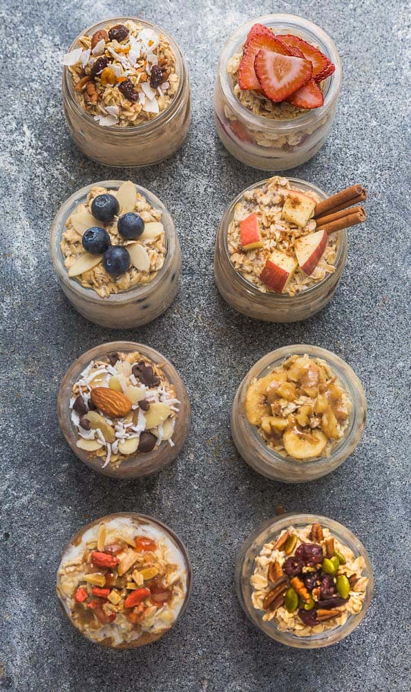 Overnight Oats - 8 Ways - simple no-cook make-ahead oatmeal just perfect for busy mornings. Best of all, easy to customize with your favorite flavors. Almond Joy, Apple Cinnamon, Banana Nut, Blueberry, Carrot Cake, Peanut Butter & Jelly, Pumpkin Cranberry and Strawberry.