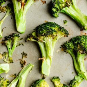 Close-up view of crispy air fried broccoli in the air fryer