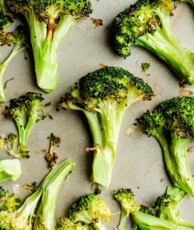 Close-up view of crispy air fried broccoli in the air fryer