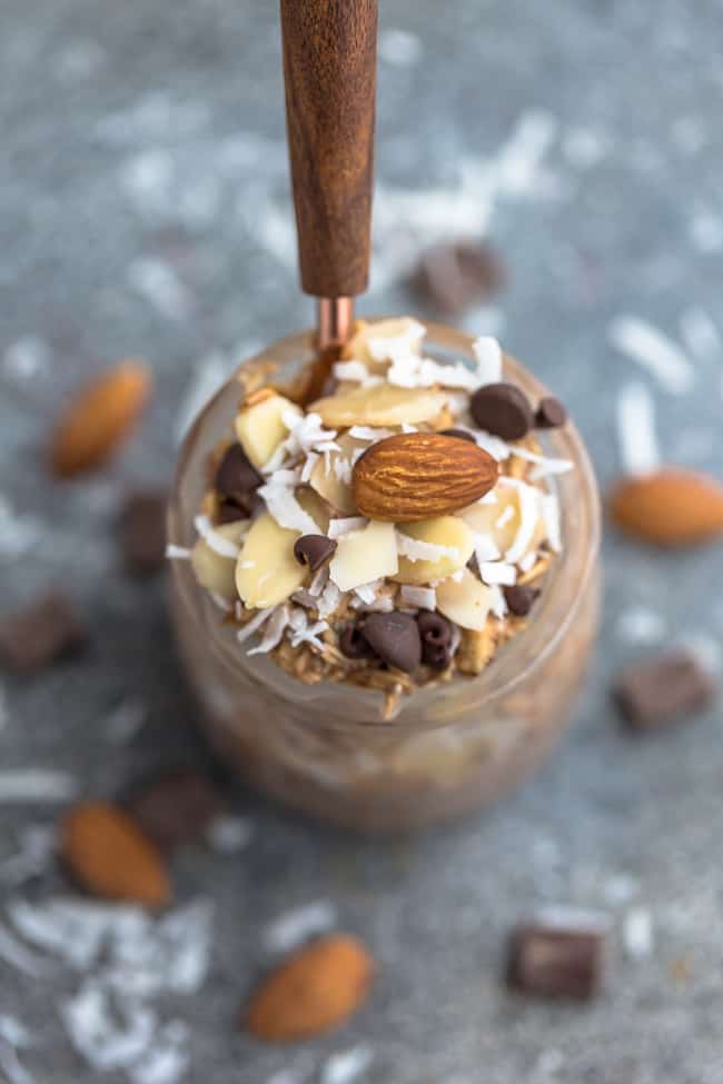 Almond Joy Overnight Oats - simple no-cook make-ahead oatmeal just perfect for busy mornings. Best of all, easy to customize with your favorite flavors