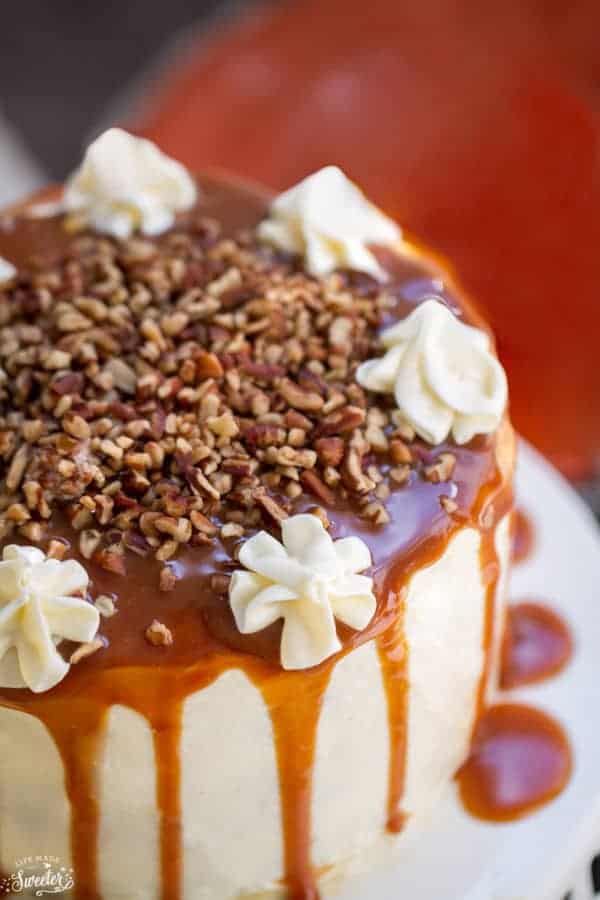 Close-up view of Apple Cider Spice Cake with Salted Caramel Drizzle 