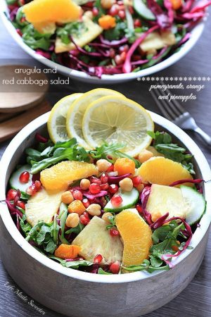 Arugula Salad with Red Cabbage, Pomegranate, Orange and Pineapples from -- @LifeMadeSweeter