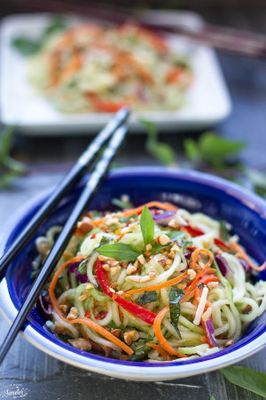 Asian Zucchini Cucumber Noodle Salad makes a healthy, gluten free noodle dish perfect as a side or a main meal