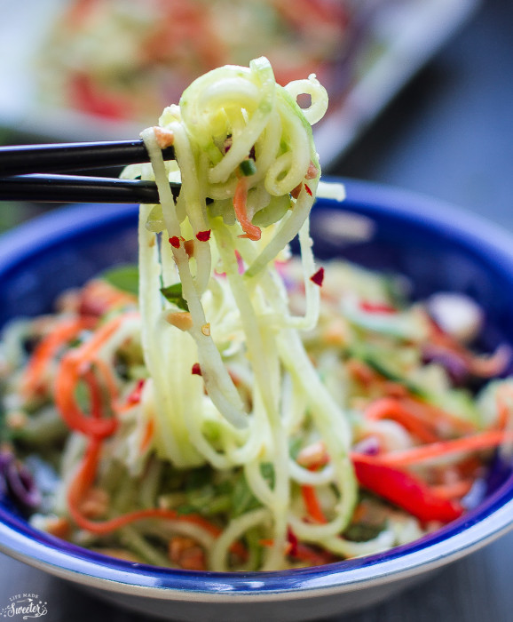 Asian Zucchini Cucumber Noodle Salad makes a healhty, gluten free noodle dish perfect as a side or a main meal