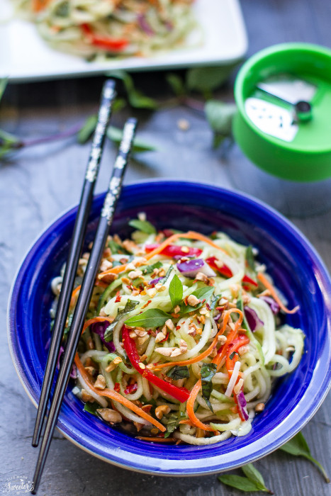 Asian Zucchini Cucumber Noodle Salad makes a healhty, gluten free noodle dish perfect as a side or a main meal