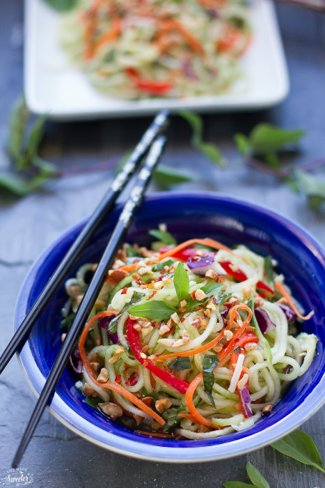 Asian Zucchini Cucumber Noodle Salad makes a healhty, gluten free noodle dish perfect as a side or a main meal