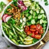 Overhead view of Vegan Asparagus salad in a bowl