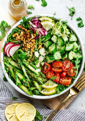 Overhead view of Vegan Asparagus salad in a bowl