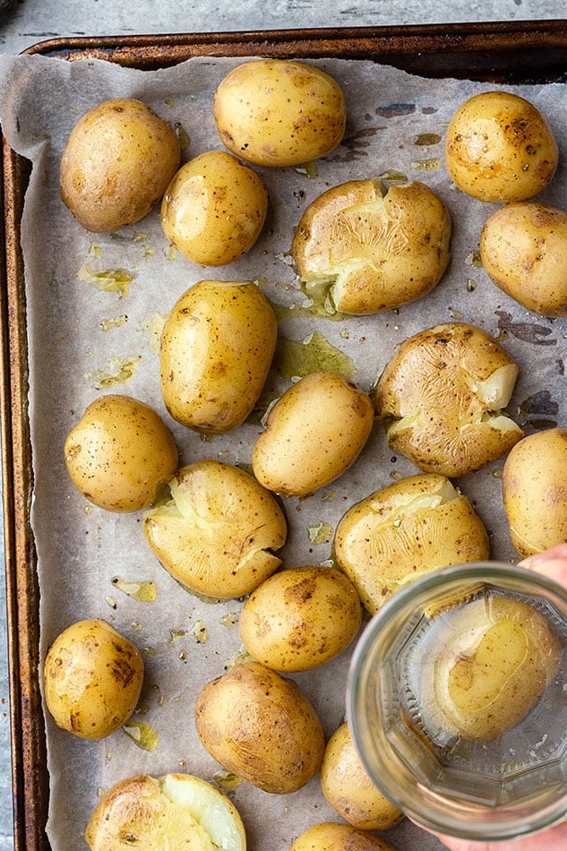 Overhead image of baked potatoes