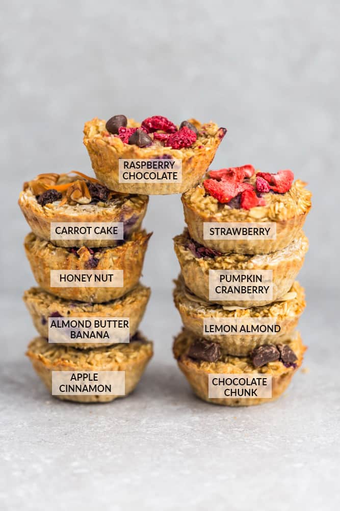 Two Stacks of Different Oatmeal Breakfast Muffin Variations with the Flavors Labeled