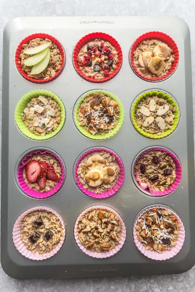 These baked oatmeal cups make the perfect easy and healthy make-ahead breakfast to enjoy throughout the week. Best of all, they're simple to customize and include recipes for 10 different ways to make them plus useful tips. Refined sugar free, gluten free and vegan. LEMON ALMOND POPPY SEED, STRAWBERRY, RASPBERRY CHOCOLATE CHIPS, LEMON COCONUT, HONEY WALNUT, ALMOND BUTTER & BANANA, PUMPKIN CRANBERRY & CARROT CAKE, CHOCOLATE CHUNK & APPLE CINNAMON