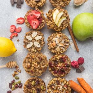 These baked oatmeal cups make the perfect easy and healthy make-ahead breakfast to enjoy throughout the week. Best of all, they're simple to customize and include recipes for 10 different ways to make them plus useful tips. Refined sugar free, gluten free and vegan. LEMON ALMOND POPPY SEED, STRAWBERRY, RASPBERRY CHOCOLATE CHIPS, PINEAPPLE COCONUT, HONEY WALNUT, ALMOND BUTTER & BANANA, PUMPKIN CRANBERRY & CARROT CAKE, CHOCOLATE CHUNK & APPLE CINNAMON