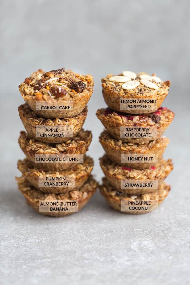 These baked oatmeal cups make the perfect easy and healthy make-ahead breakfast to enjoy throughout the week. Best of all, they're simple to customize and include recipes for 10 different ways to make them plus useful tips. Refined sugar free, gluten free and vegan. LEMON ALMOND POPPY SEED, STRAWBERRY, RASPBERRY CHOCOLATE CHIPS, PINEAPPLE COCONUT, HONEY WALNUT, ALMOND BUTTER & BANANA, PUMPKIN CRANBERRY & CARROT CAKE, CHOCOLATE CHUNK & APPLE CINNAMON