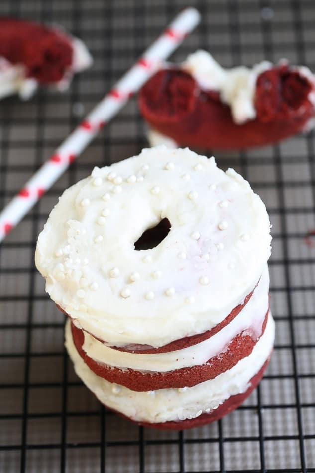 Baked Red Velvet Cake Donuts with Cream Cheese Glaze make the perfect Valentine's Day Treat