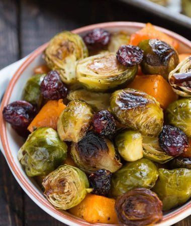 Balsamic Roasted Butternut Squash & Brussels Sprouts in a bowl