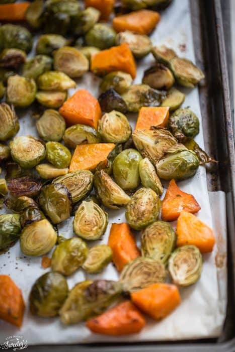 Balsamic Roasted Butternut Squash & Brussels Sprouts on a baking sheet