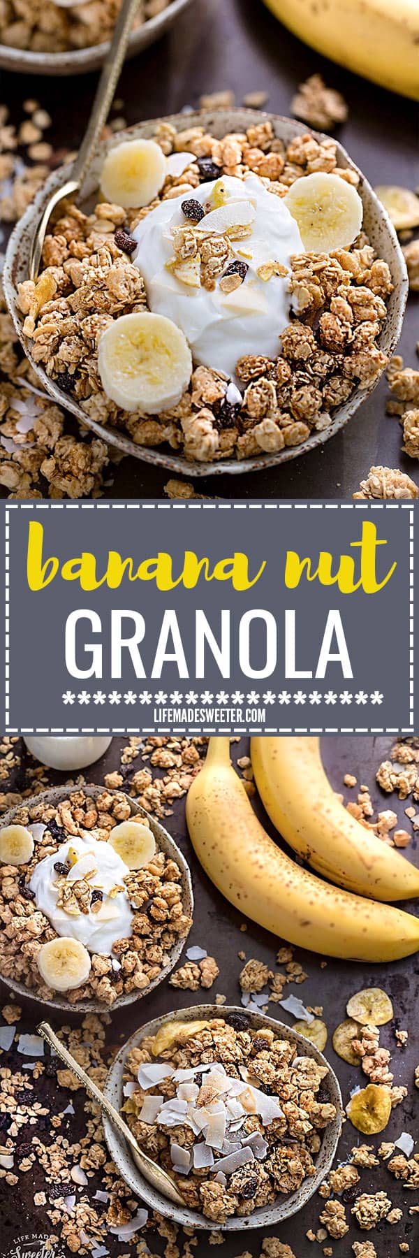 Banana Nut Granola makes the perfect healthy breakfast or snack. Best of all, it's gluten-free, refined sugar free, dairy free and comes together easily in just one bowl and less than 10 minutes of prep time! Full of crunchy clusters, pecans and tropical coconut.