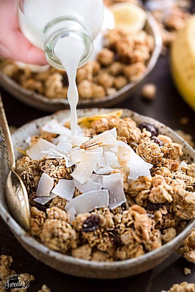 Banana Nut Granola makes the perfect healthy breakfast or snack. Best of all, it's gluten-free, refined sugar free, dairy free and comes together easily in just one bowl and less than 10 minutes of prep time! Full of crunchy clusters, pecans and tropical coconut.