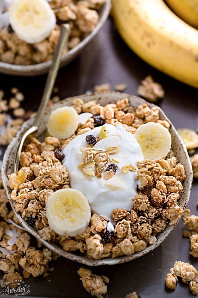 Banana Nut Granola makes the perfect healthy breakfast or snack. Best of all, it's gluten-free, refined sugar free, dairy free and comes together easily in just one bowl and less than 10 minutes of prep time! Full of crunchy clusters, pecans and tropical coconut.