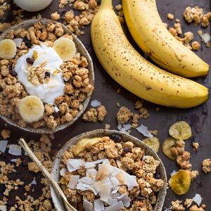 Banana Nut Granola makes the perfect healthy breakfast or snack. Best of all, it's gluten-free, refined sugar free, dairy free and comes together easily in just one bowl and less than 10 minutes of prep time! Full of crunchy clusters, pecans and tropical coconut.
