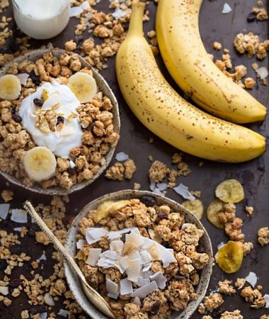 Banana Nut Granola makes the perfect healthy breakfast or snack. Best of all, it's gluten-free, refined sugar free, dairy free and comes together easily in just one bowl and less than 10 minutes of prep time! Full of crunchy clusters, pecans and tropical coconut.