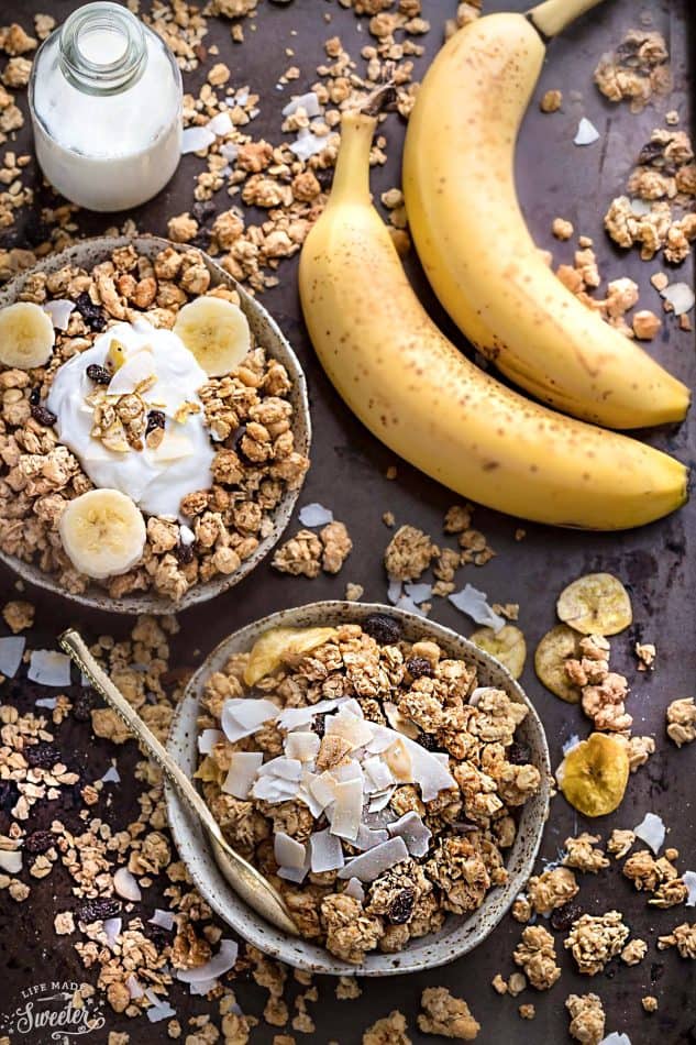 Banana Nut Granola makes the perfect healthy breakfast or snack. Best of all, it's gluten-free, refined sugar free, dairy free and comes together easily in just one bowl and less than 10 minutes of prep time! Full of crunchy clusters, pecans and tropical coconut.