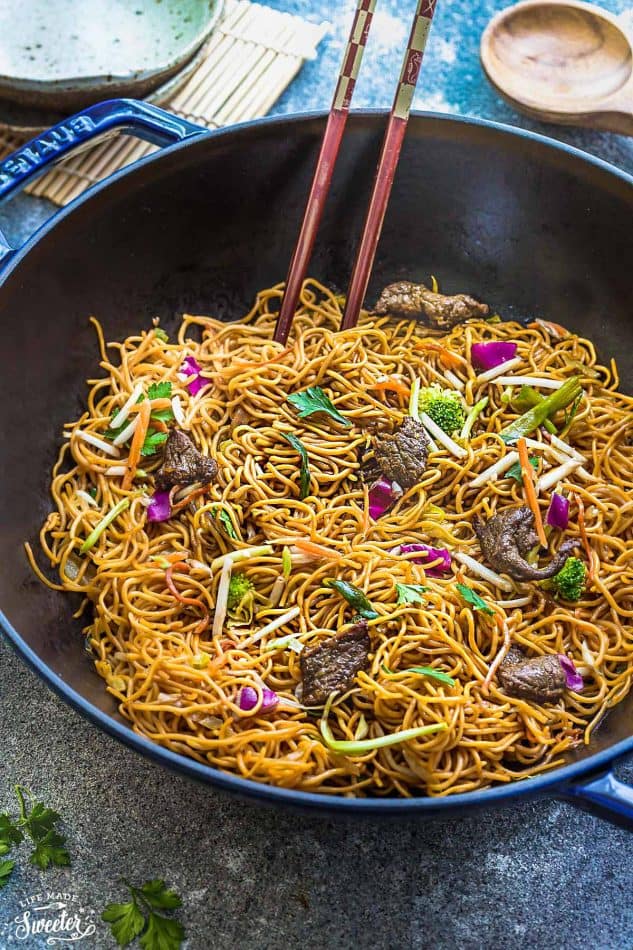 Beef Chow Mein is the perfect easy weeknight meal! Best of all, it comes together in under 30 minutes in just one pot! Forget calling restaurant takeout, this recipe is so much better with authentic flavors. Seriously the best!!