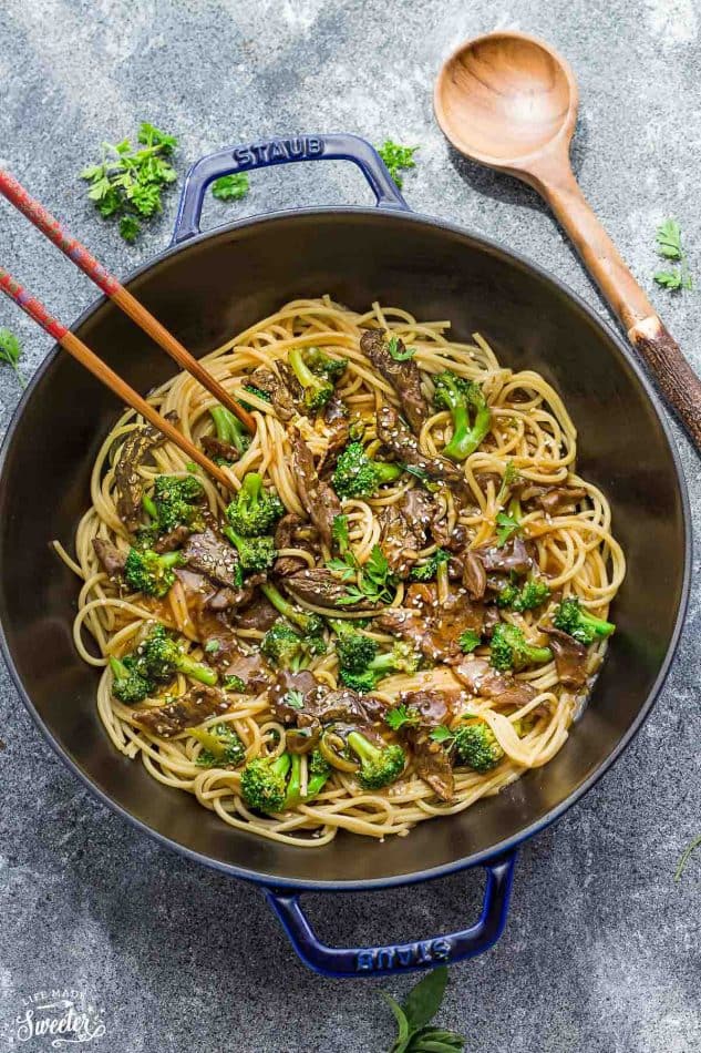 Top view of Beef Lo Mein Noodles with Broccoli in a skillet