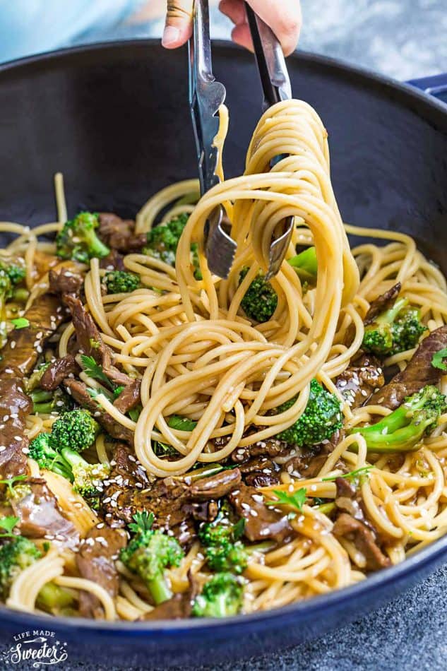 Close-up of Beef Lo Mein Noodles with Broccoli in a skillet
