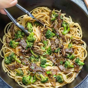 Top view of Beef Lo Mein Noodles with Broccoli in a skillet
