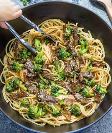 Top view of Beef Lo Mein Noodles with Broccoli in a skillet