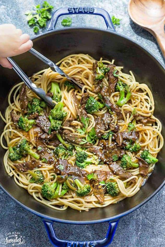 Top view of Beef Lo Mein Noodles with Broccoli in a skillet