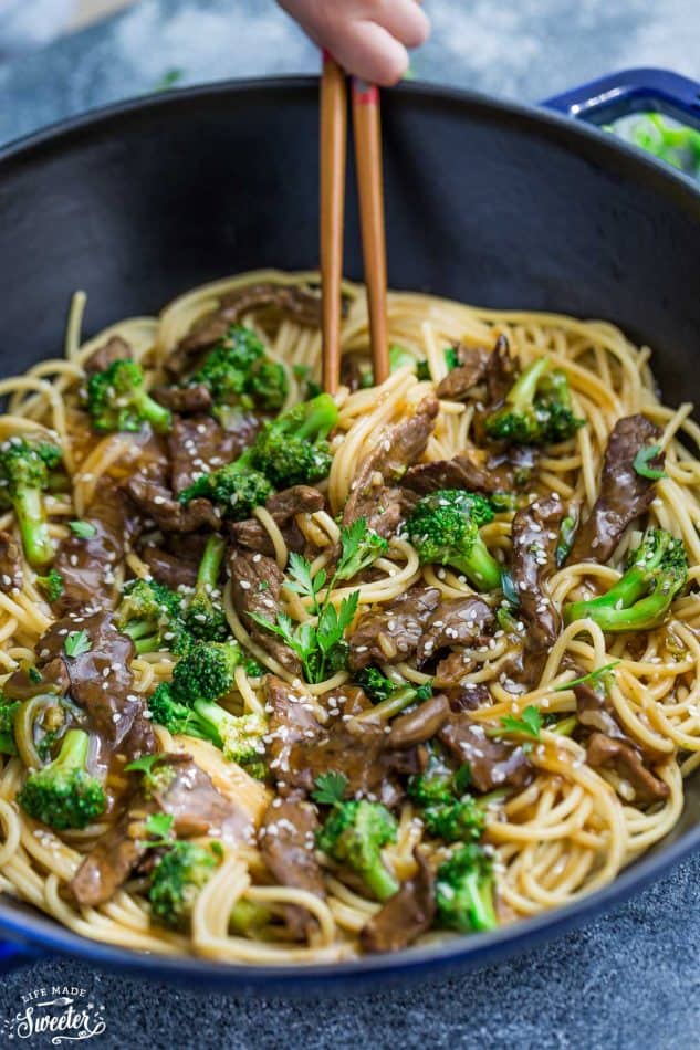 Close-up of Beef Lo Mein Noodles with Broccoli in a skillet