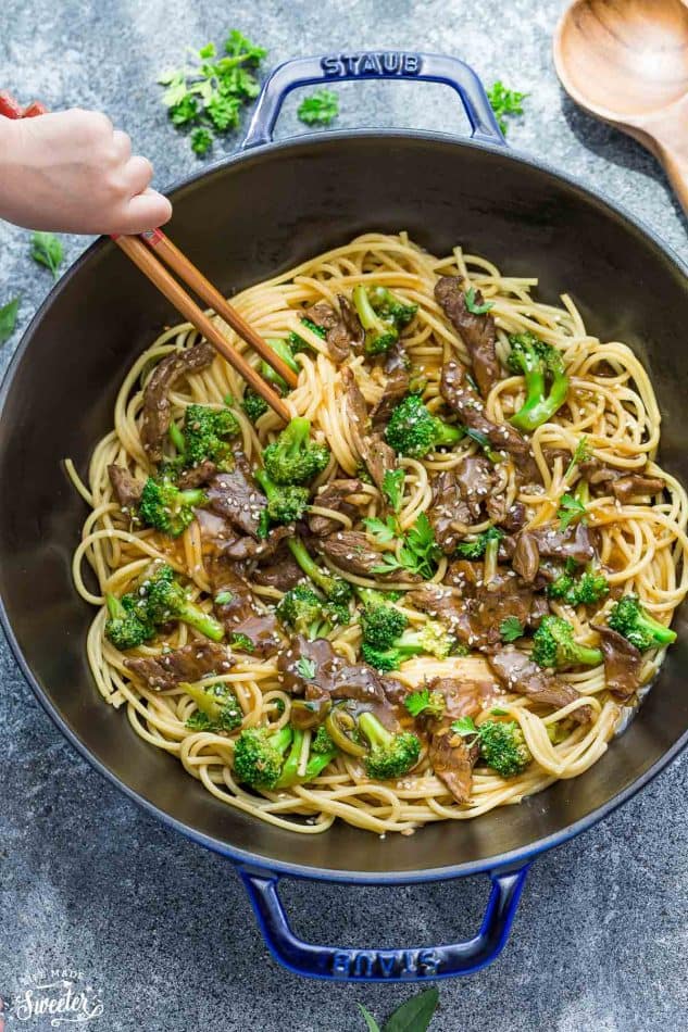 Top view of Beef Lo Mein Noodles with Broccoli in a skillet